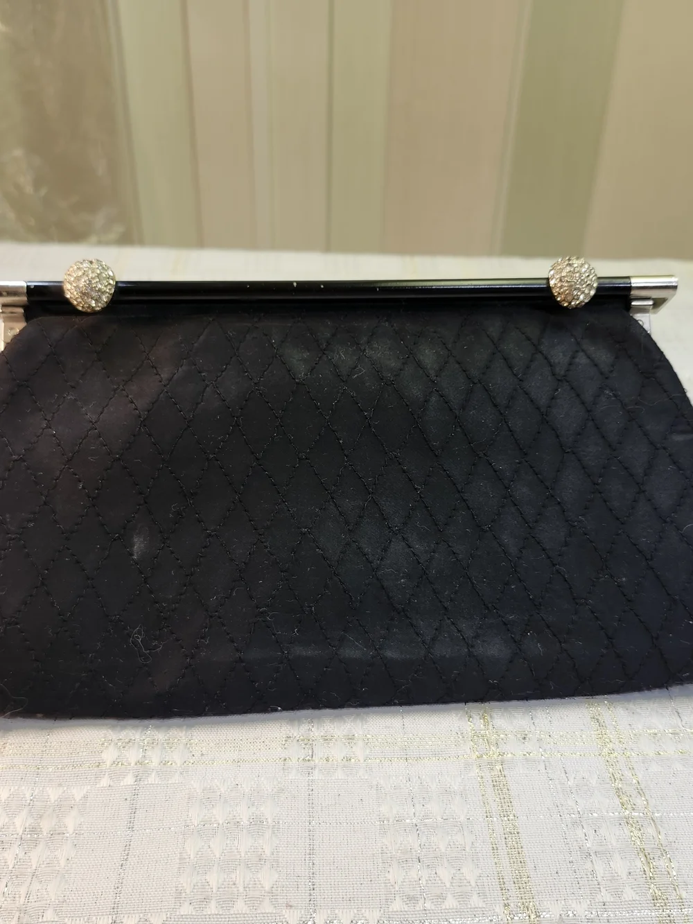 After Five Black Vintage Quilted Evening Clutch with Rhinestone Kiss-Lock